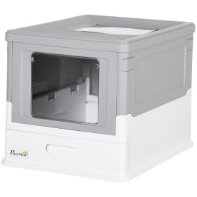 Fully Enclosed Cat Litter Box with Front Entry and Top Exit, Plastic, Gray & White